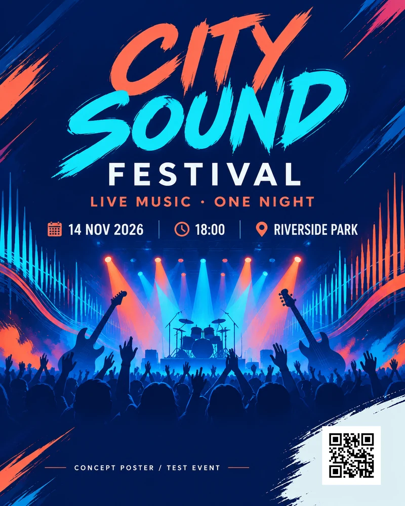 Music festival poster created with QRCodeBrain, with a real QR code linking to this website in the lower right