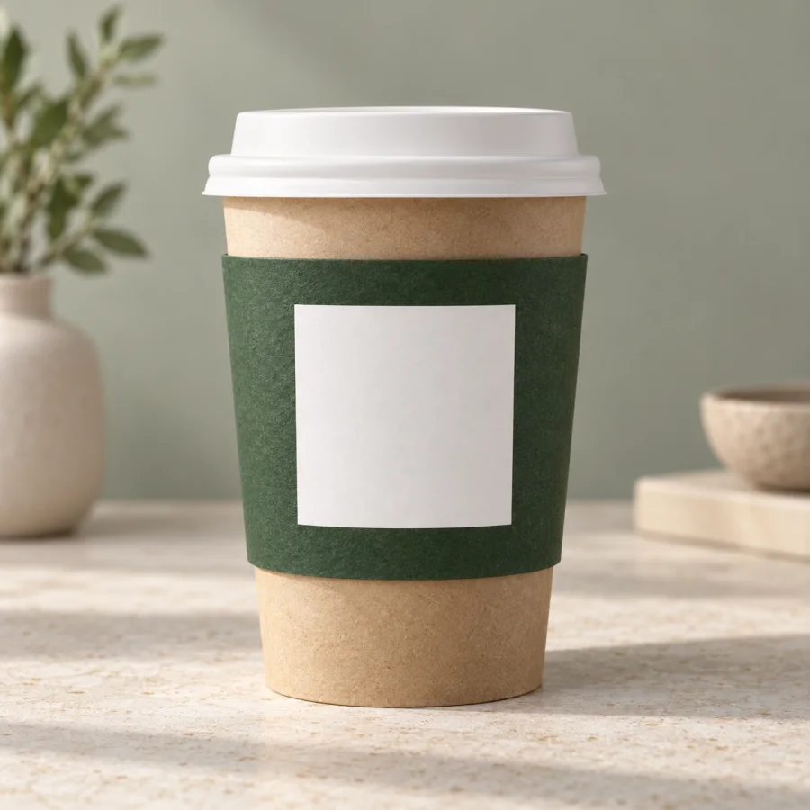 A takeaway coffee cup with a QR code on its green sleeve