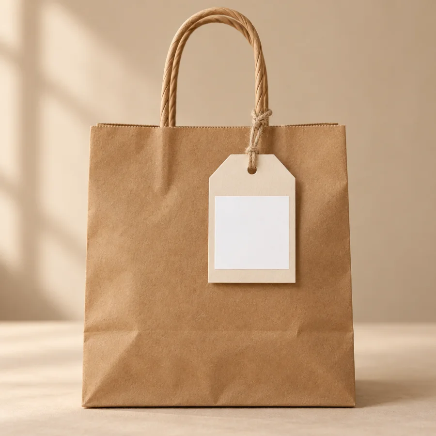 A kraft takeaway bag with a QR code hang tag on its handle
