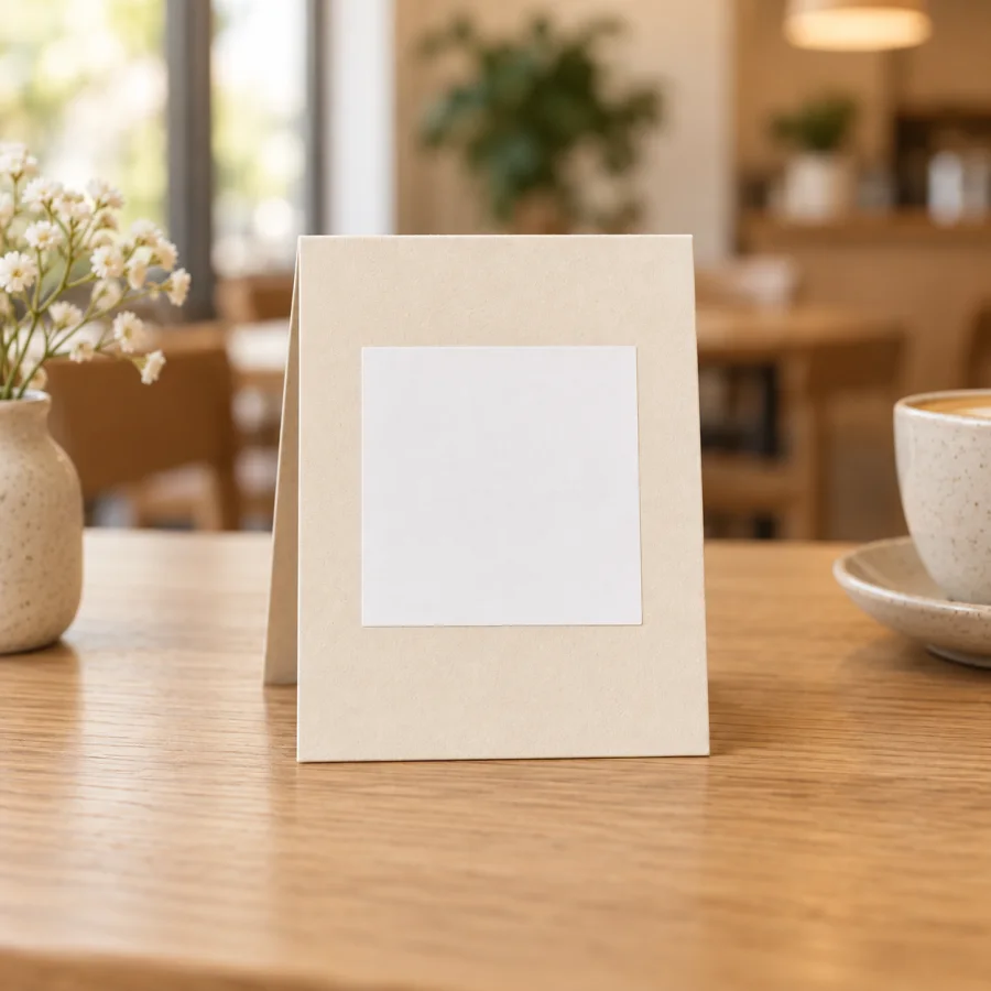 A cream table tent on a wooden cafe table, printed with the store menu QR code